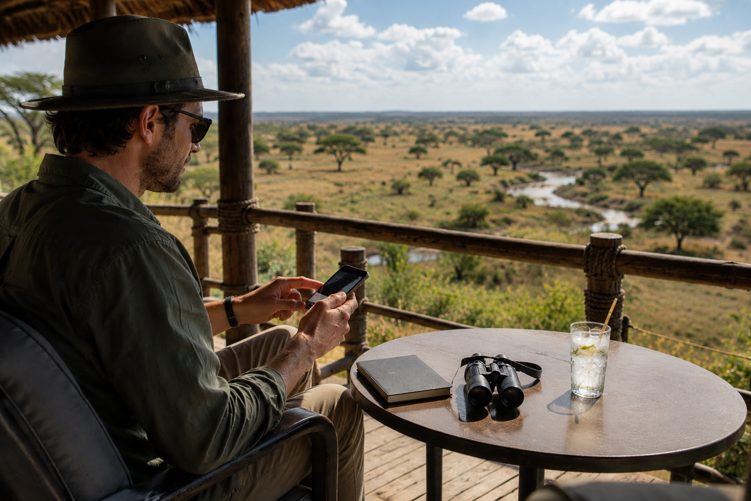 Guest relaxing on a safari lodge porch